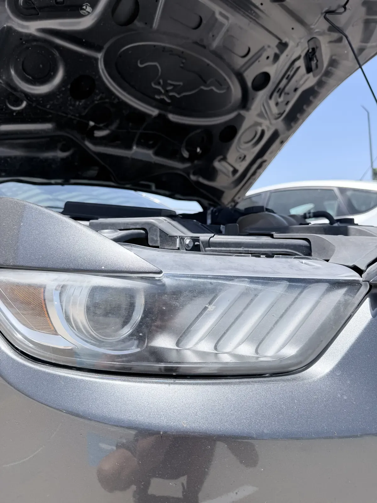 Hazy, oxidized headlight lens on a Ford Mustang before mobile headlight restoration in Kaufman County, TX