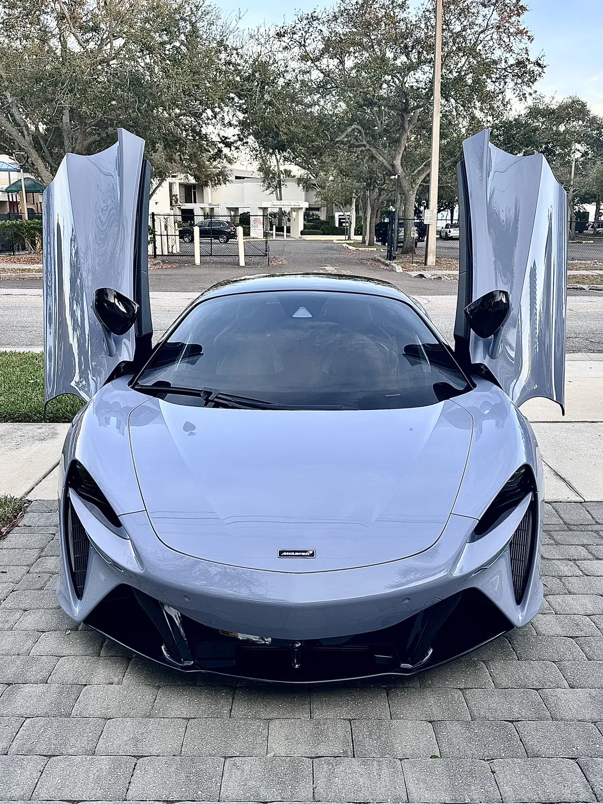Grey McLaren Artura with dihedral doors open showing a glossy detailed finish