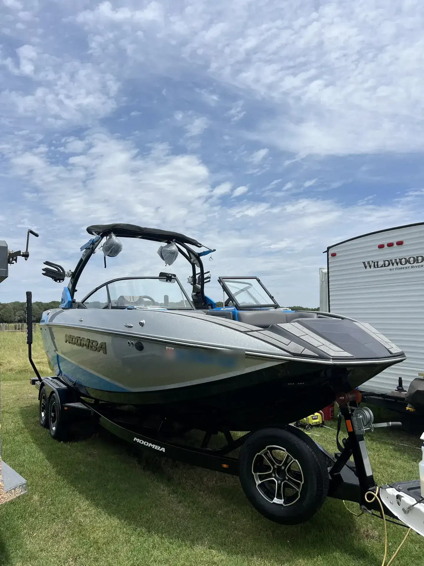 Freshly detailed Moomba wake boat on its trailer after mobile boat detailing near Cedar Creek Lake, TX