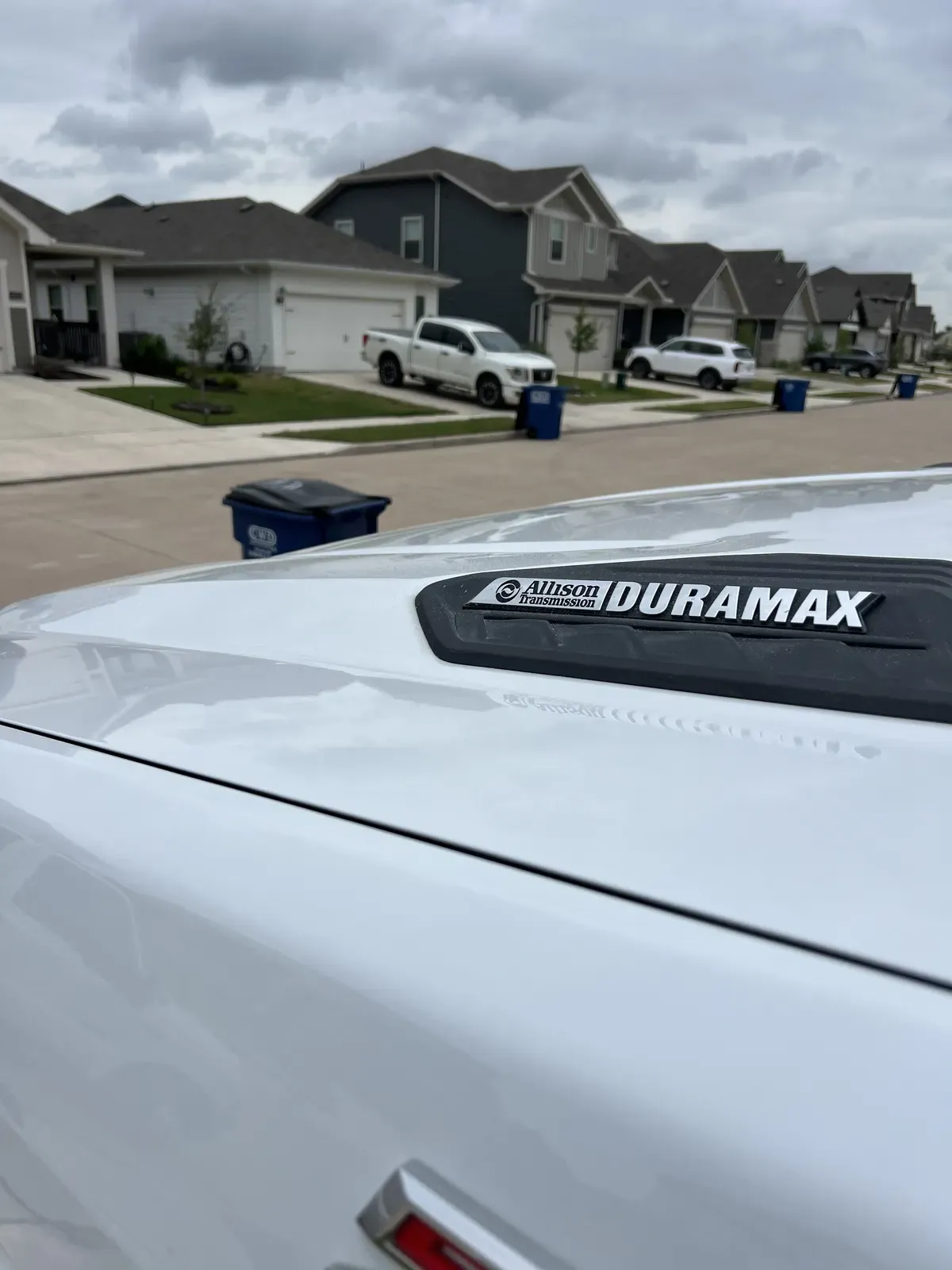 White Duramax pickup hood edge polished clean after paint transfer removal